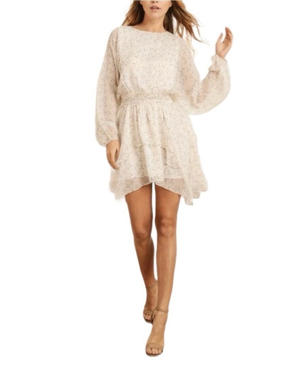 Storia - Chiffon Tiered Mini Dress in Ivory with Black Star Print - Picture 6 of 8